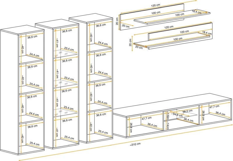 Meblościanka Fly P4 zestaw 6 elementów z oświetleniem LED do salonu