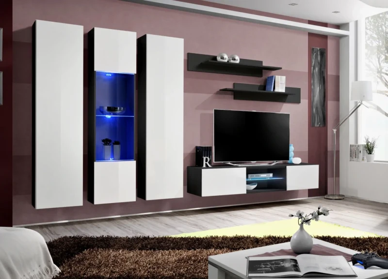 Meblościanka Fly P5 zestaw 6 elementów z oświetleniem LED do salonu czarny/biały połysk