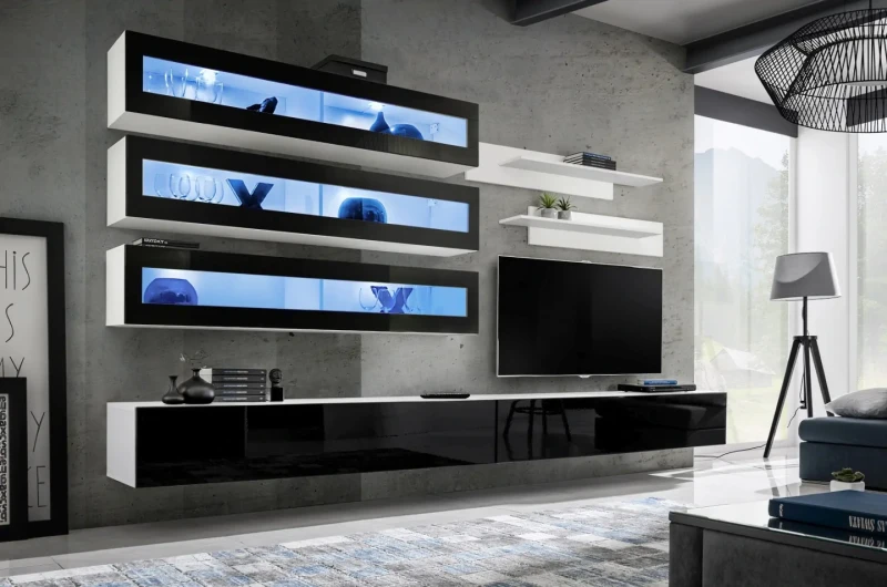 Meblościanka Fly J2 zestaw 7 elementów z oświetleniem LED do salonu biały/czarny połysk