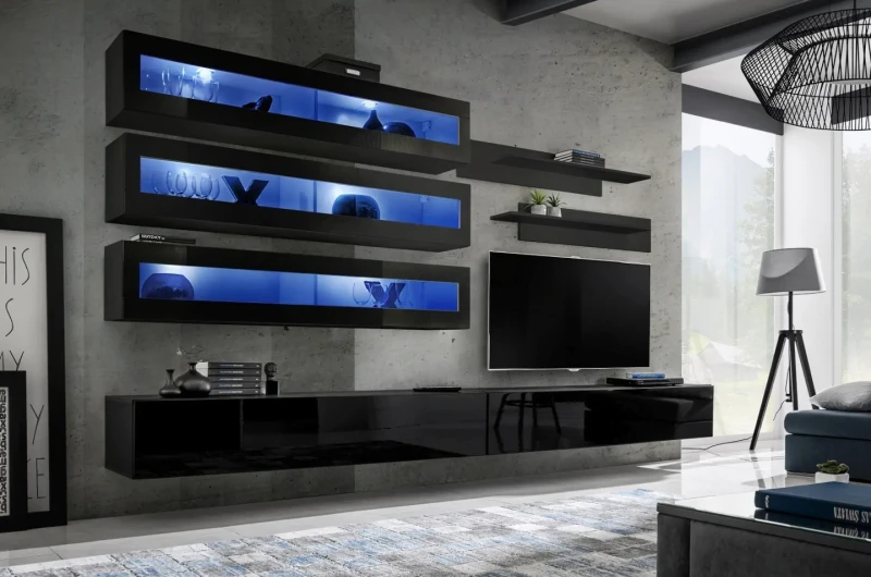 Meblościanka Fly J2 zestaw 7 elementów z oświetleniem LED do salonu czarny/czarny połysk