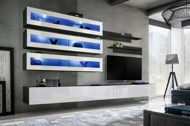 Meblościanka Fly J2 zestaw 7 elementów z oświetleniem LED do salonu czarny/biały połysk