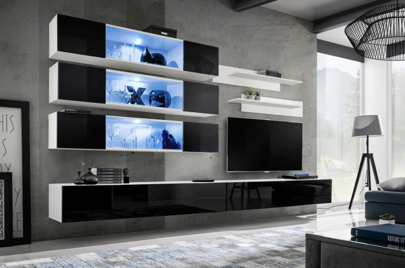 Meblościanka Fly J3 zestaw 7 elementów z oświetleniem LED do salonu biały/czarny połysk