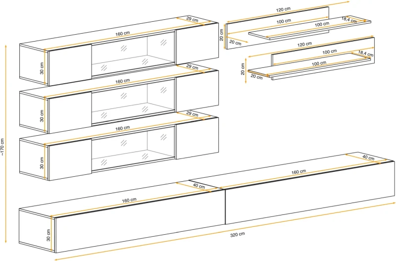 Meblościanka Fly J3 zestaw 7 elementów z oświetleniem LED do salonu