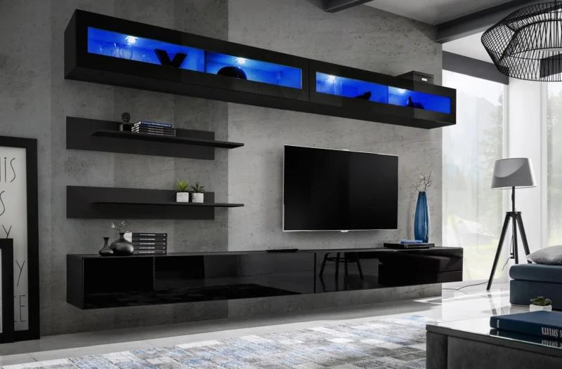 Meblościanka Fly I2 zestaw 6 elementów z oświetleniem LED do salonu czarny/czarny połysk