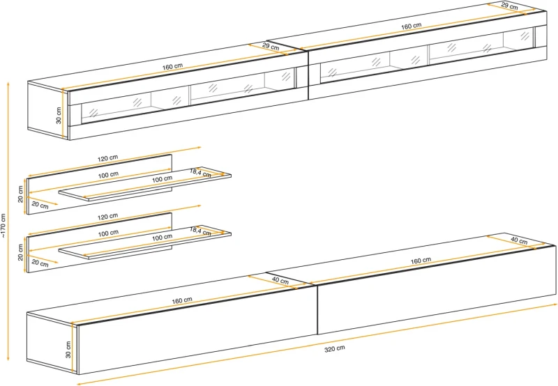 Meblościanka Fly I2 zestaw 6 elementów z oświetleniem LED do salonu
