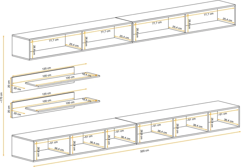 Meblościanka Fly I2 zestaw 6 elementów z oświetleniem LED do salonu