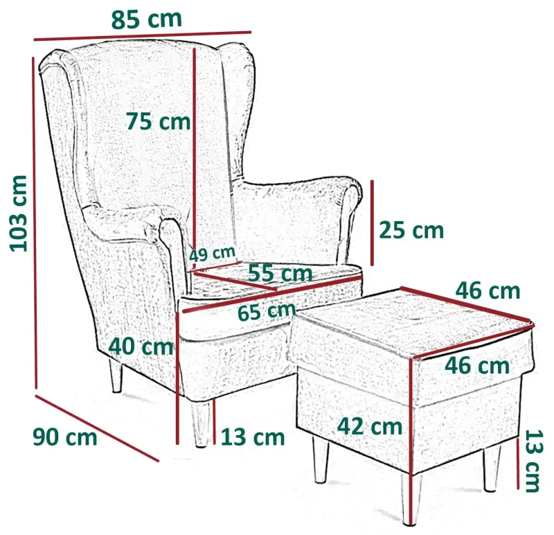 Fotel uszak bez pikowania Lily II z podnóżkiem w stylu skandynawskim