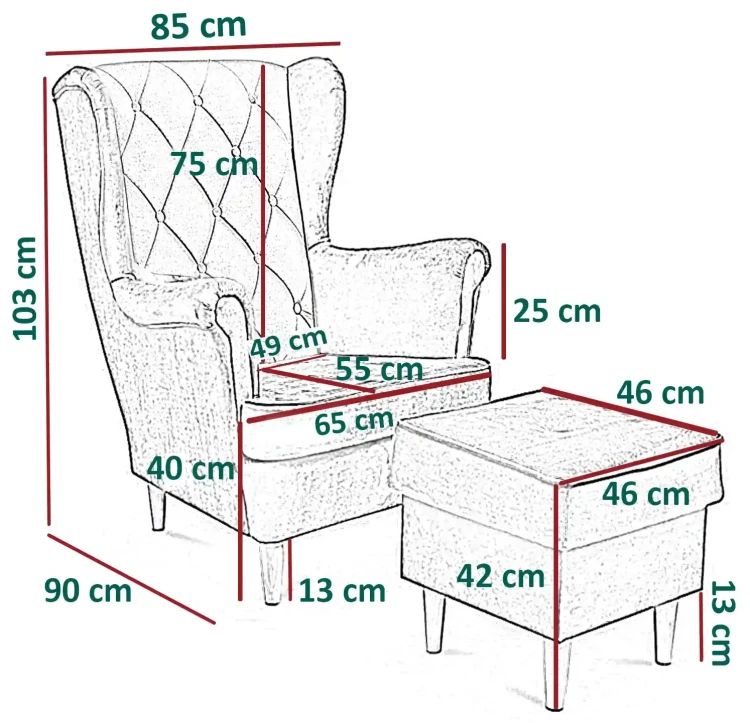 Fotel uszak Lily Classic z podnóżkiem w stylu skandynawskim
