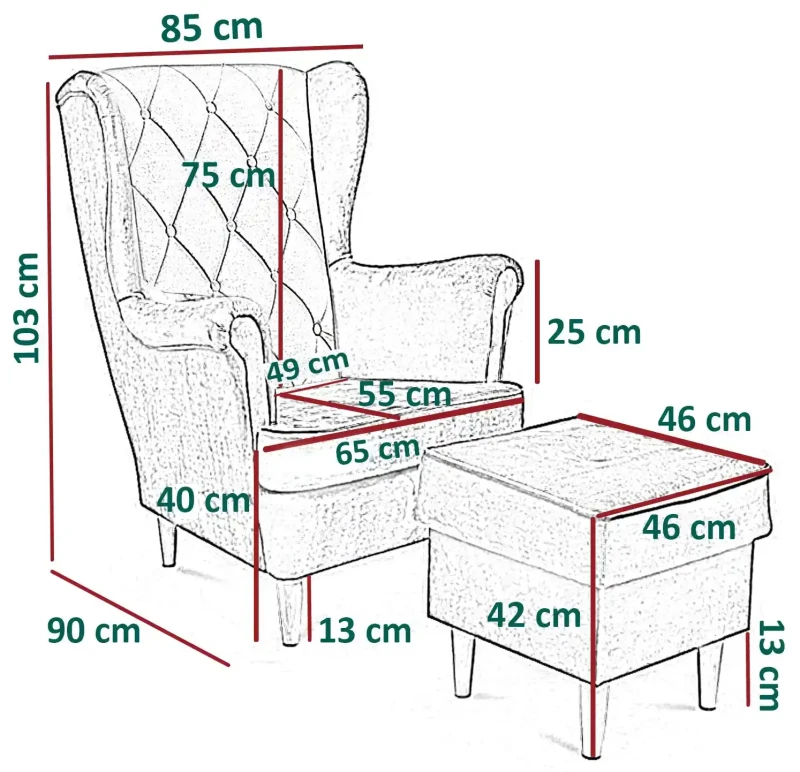 Fotel uszak Lily Classic z podnóżkiem w stylu skandynawskim