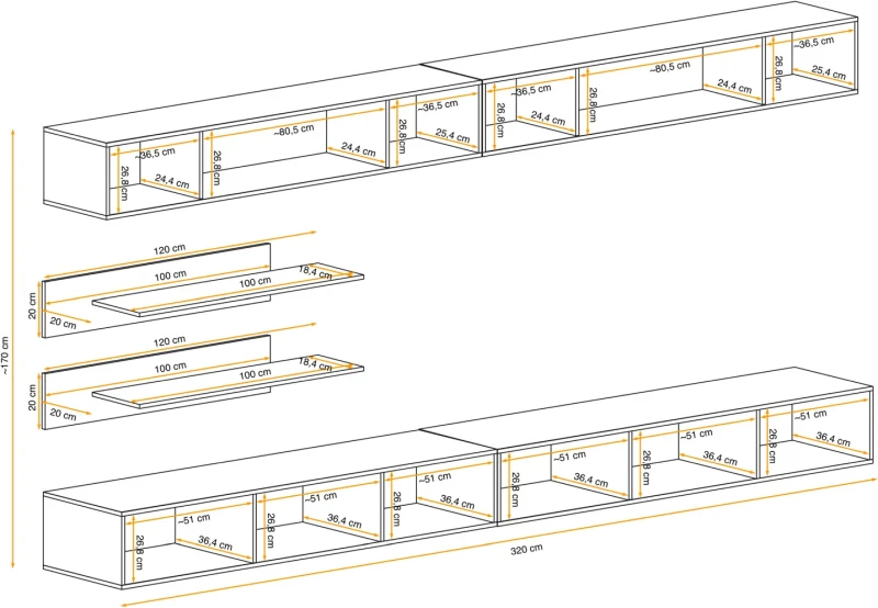 Meblościanka Fly I3 zestaw 6 elementów z oświetleniem LED do salonu