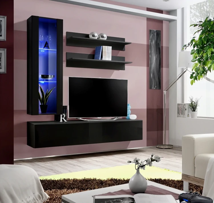 Meblościanka Fly H2 zestaw 4 elementy z oświetleniem LED do salonu czarny/czarny połysk