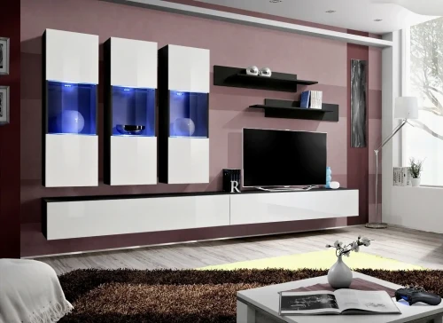 Meblościanka Fly E2 zestaw 7 elementów z oświetleniem LED do salonu czarny/biały połysk