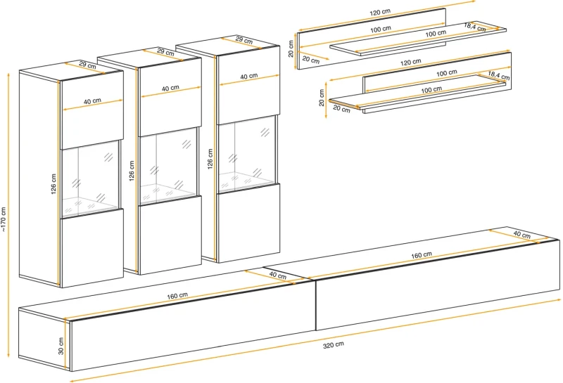 Meblościanka Fly E2 zestaw 7 elementów z oświetleniem LED do salonu