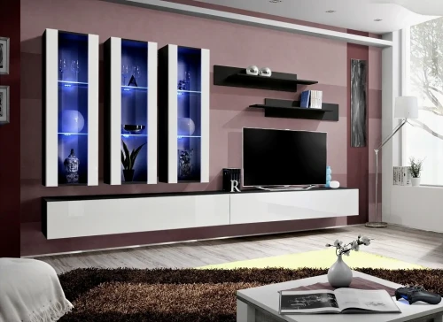 Meblościanka Fly E3 zestaw 7 elementów z oświetleniem LED do salonu czarny/biały połysk