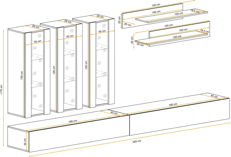 Meblościanka Fly E3 zestaw 7 elementów z oświetleniem LED do salonu