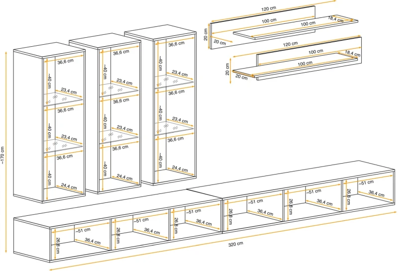 Meblościanka Fly E3 zestaw 7 elementów z oświetleniem LED do salonu