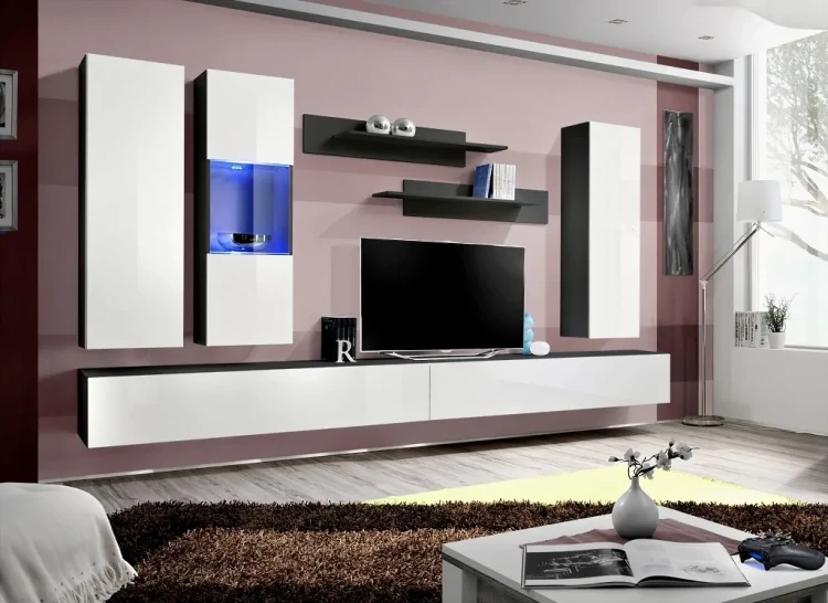 Meblościanka Fly E5 zestaw 7 elementów z oświetleniem LED do salonu czarny/biały połysk