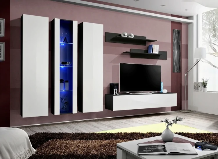 Meblościanka Fly C4 zestaw 6 elementów z oświetleniem LED do salonu czarny/biały połysk