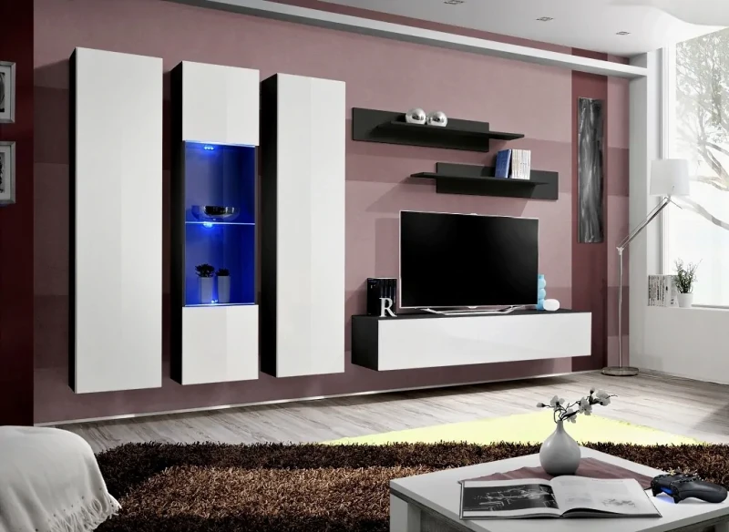 Meblościanka Fly C5 zestaw 6 elementów z oświetleniem LED do salonu czarny/biały połysk