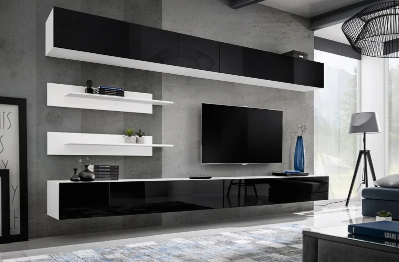 Szafka wisząca Fly 160 cm z dwiema komorami wysoki połysk do salonu biały/czarny połysk