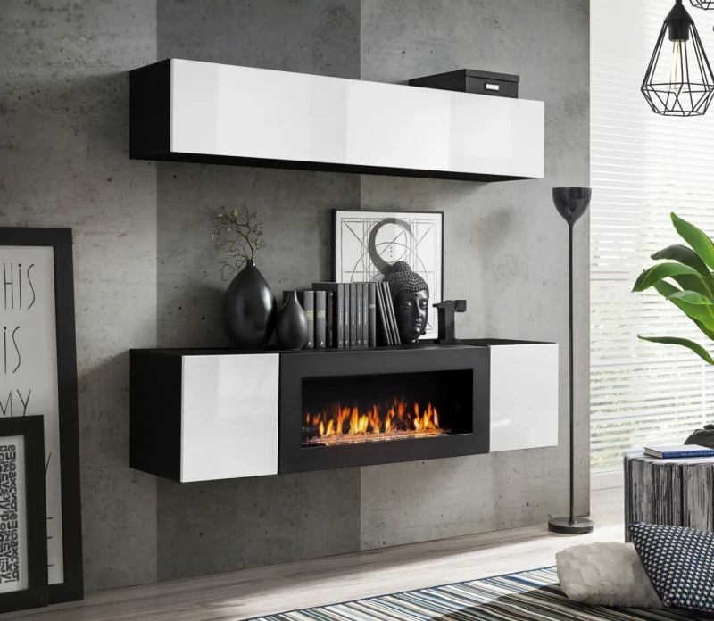 Szafka wisząca Fly 160 cm z dwiema komorami wysoki połysk do salonu czarny/biały połysk