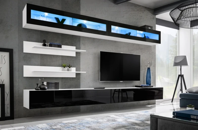 Witryna wisząca Fly 51 pozioma 160 cm z oświetleniem LED do salonu biały/czarny połysk