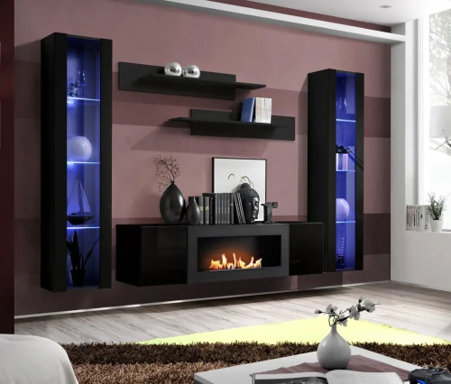 Meblościanka Fly M2 z biokominkiem oświetlenie LED zestaw 5 elementów do salonu