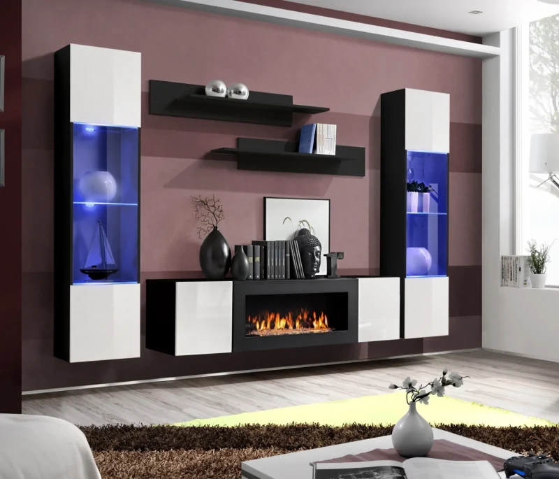 Meblościanka Fly M3 z biokominkiem oświetlenie LED zestaw 5 elementów do salonu czarny/biały połysk