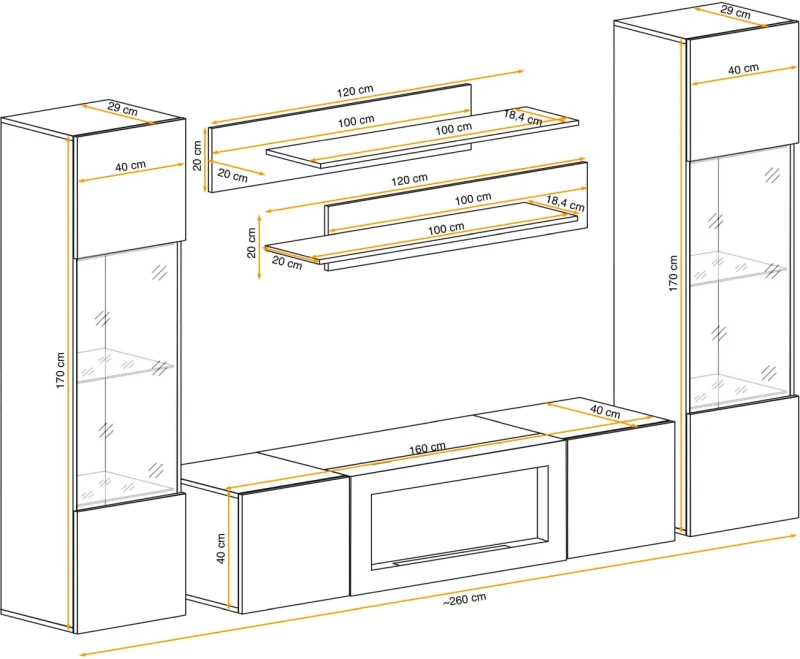 Meblościanka Fly M3 z biokominkiem oświetlenie LED zestaw 5 elementów do salonu