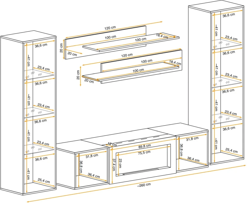 Meblościanka Fly M3 z biokominkiem oświetlenie LED zestaw 5 elementów do salonu