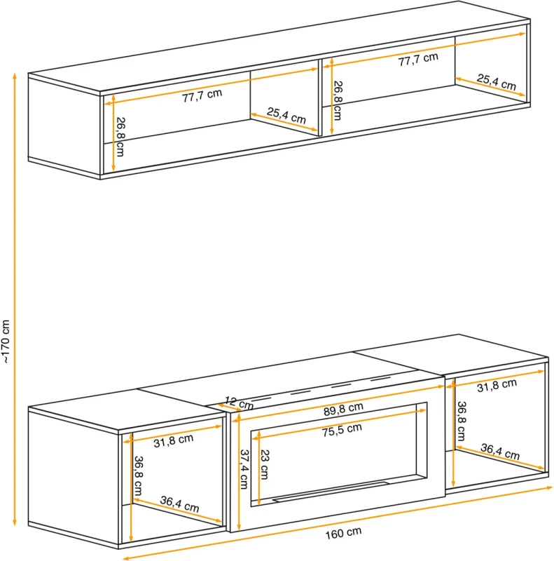 Meblościanka Fly N2 z biokominkiem oświetlenie LED zestaw 2 elementy do salonu