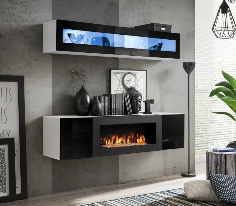Meblościanka Fly N2 z biokominkiem oświetlenie LED zestaw 2 elementy do salonu biały/czarny połysk
