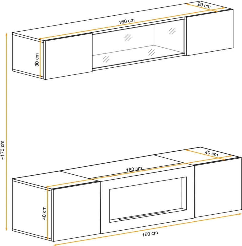 Meblościanka Fly N3 z biokominkiem oświetlenie LED zestaw 2 elementy do salonu