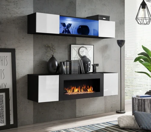 Meblościanka Fly N3 z biokominkiem oświetlenie LED zestaw 2 elementy do salonu