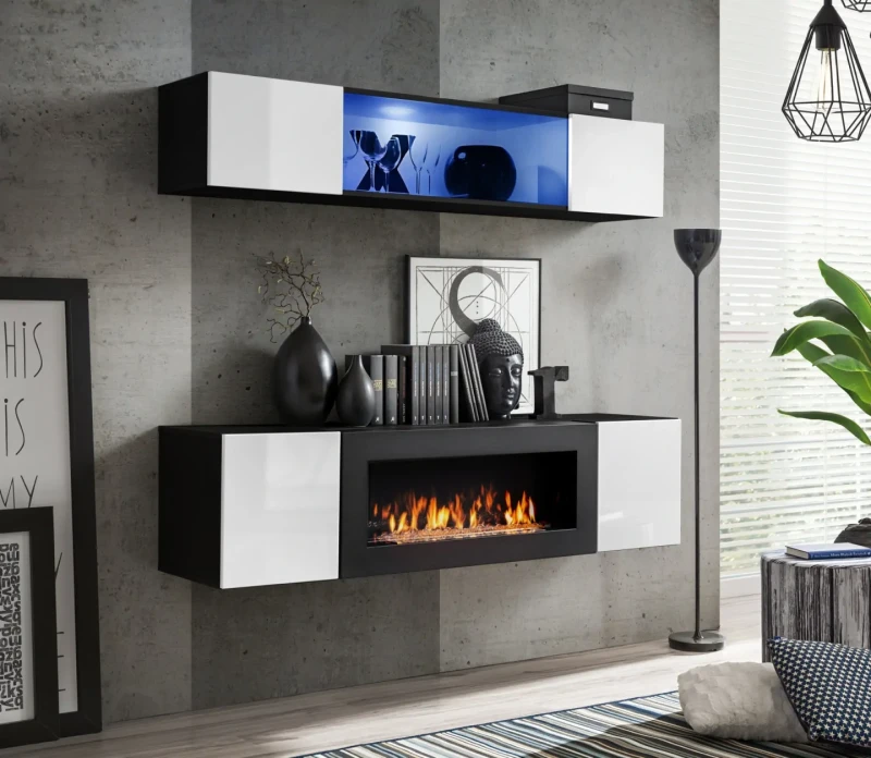 Meblościanka Fly N3 z biokominkiem oświetlenie LED zestaw 2 elementy do salonu czarny/biały połysk