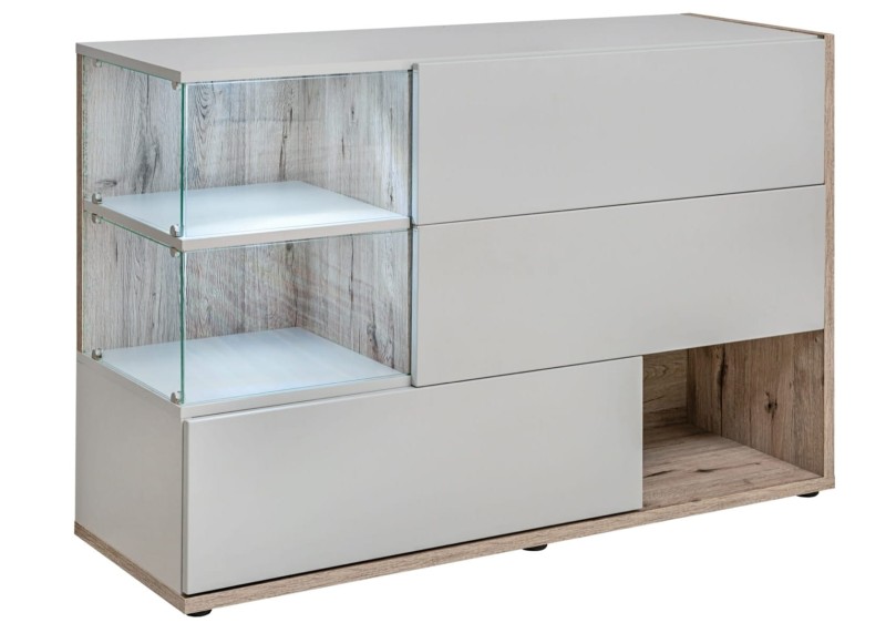 Komoda Silk 120 cm z oświetleniem LED do salonu perla gray/dąb wellington