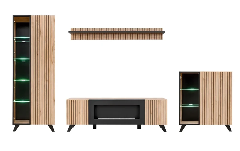 Meblościanka Liam z biokominkiem oświetlenie LED zestaw do salonu hickory jackson/czarny