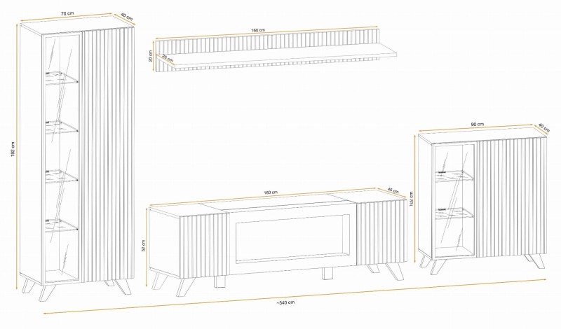 Meblościanka Liam z biokominkiem oświetlenie LED zestaw do salonu hickory jackson/czarny