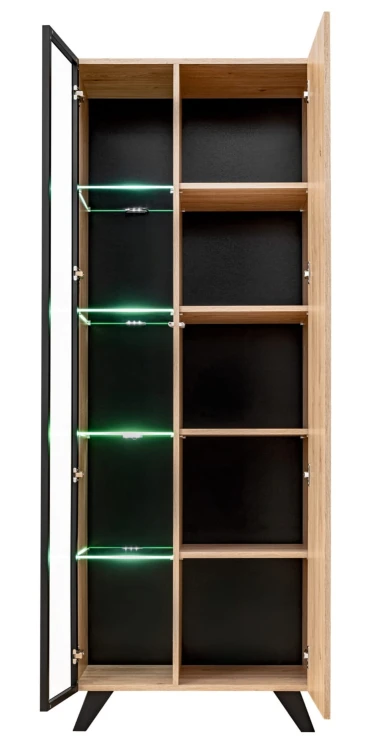 Witryna wysoka Liam 70 cm z LED do salonu hickory jackson/czarny