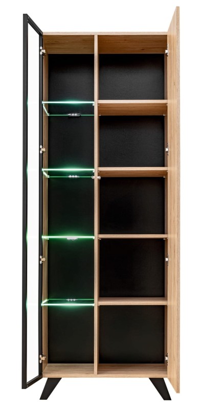 Witryna wysoka Liam 70 cm z LED do salonu hickory jackson/czarny