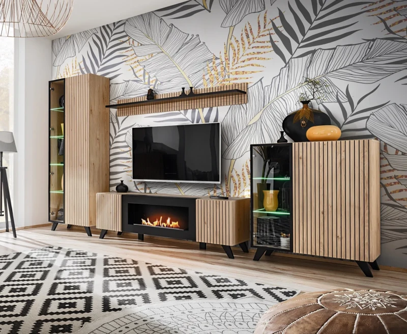 Witryna niska Liam 90 cm z LED do salonu hickory jackson/czarny