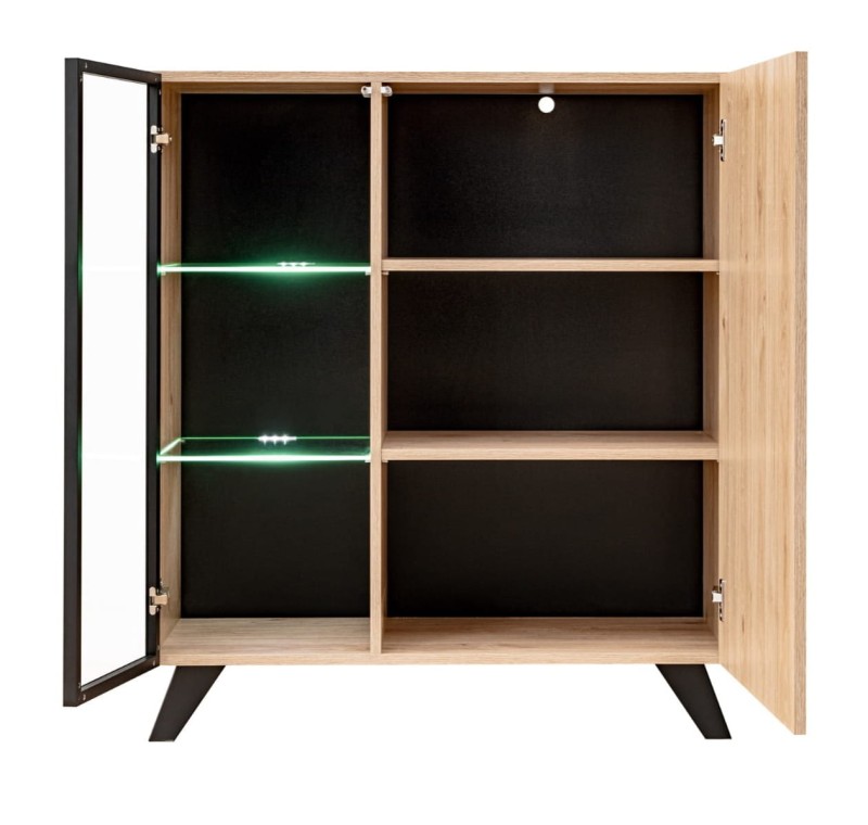 Witryna niska Liam 90 cm z LED do salonu hickory jackson/czarny