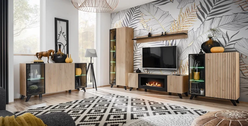 Komoda Liam 160 cm z oświetleniem LED do salonu hickory jackson/czarny