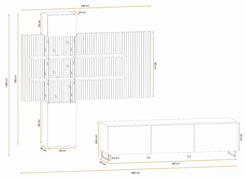 Meblościanka Gusto LUX A z oświetleniem LED do salonu kaszmir/dąb artisan