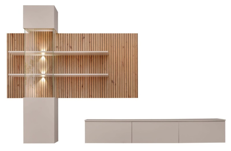 Meblościanka Gusto LUX B z oświetleniem LED do salonu kaszmir/dąb artisan