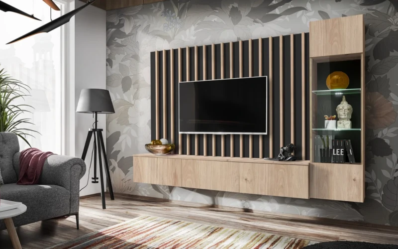 Meblościanka Verti z oświetleniem LED panel ścienny z lamelami do salonu korpus: Hickory Jackson, front: Hickory Jackson, panel: czarny, lamel Hickory Jackson