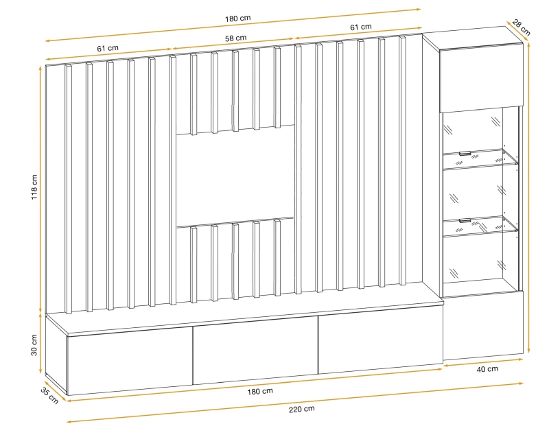 Meblościanka Verti z oświetleniem LED panel ścienny z lamelami do salonu