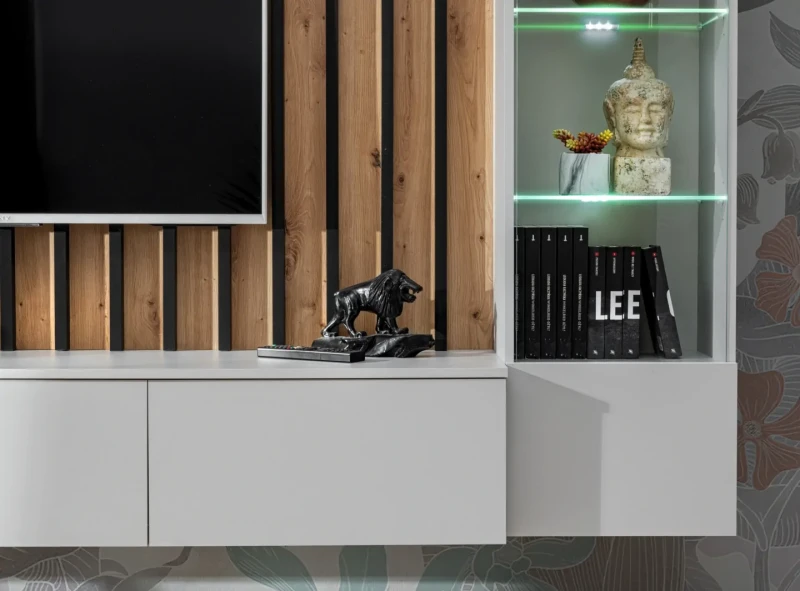 Meblościanka Verti z oświetleniem LED panel ścienny z lamelami do salonu