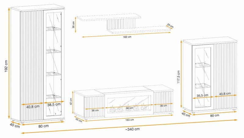 Meblościanka Cameron z biokominkiem oświetlenie LED 4 elementy do salonu czarny/hickory jackson