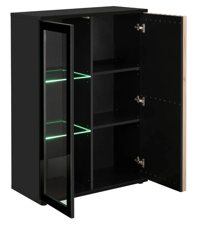 Witryna niska Cameron 80 cm z LED do salonu czarny/hickory jackson